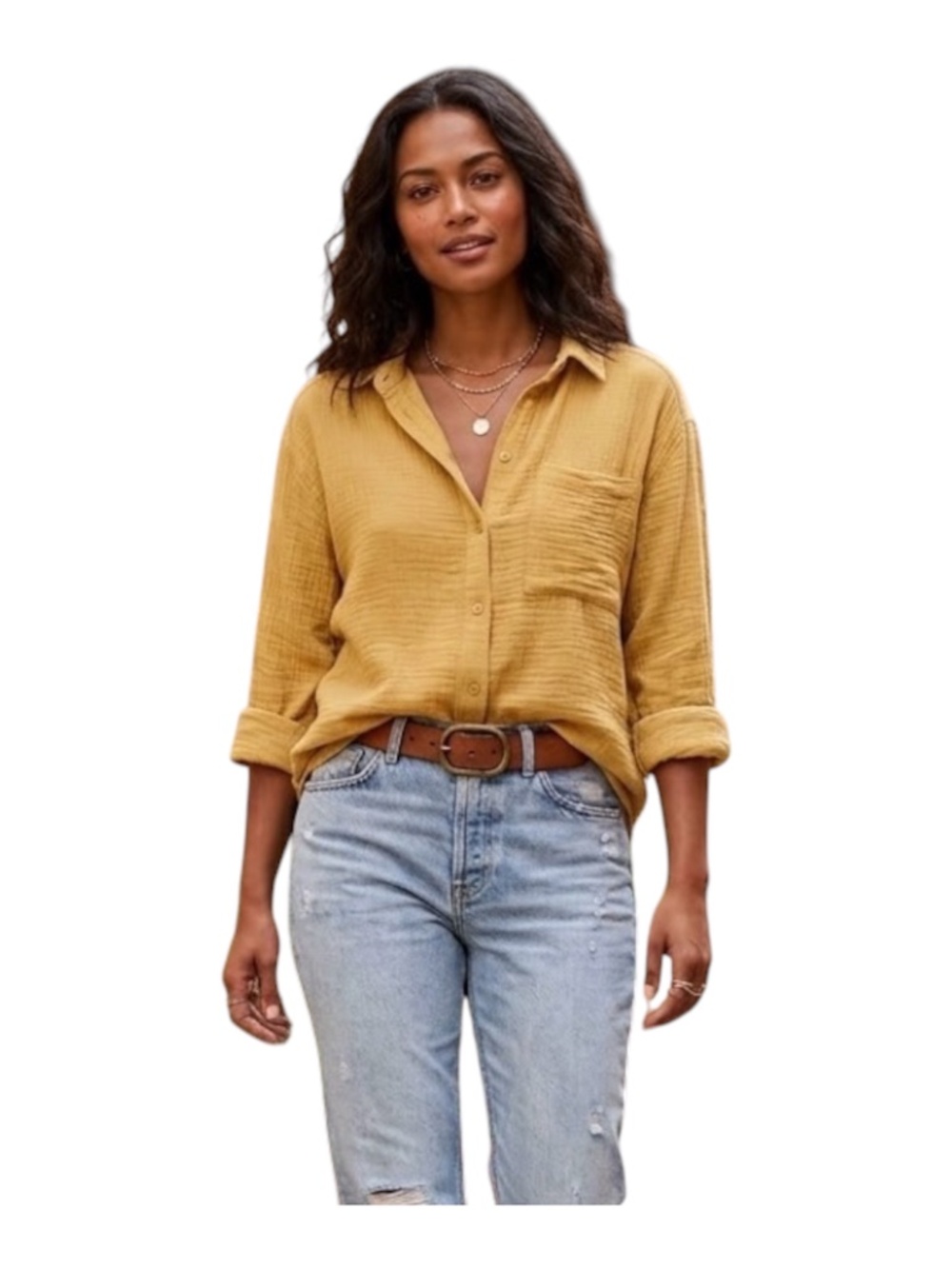 Abercrombie & Fitch Oversized Double Gauze Button Up Shirt Sz S Yellow Boho